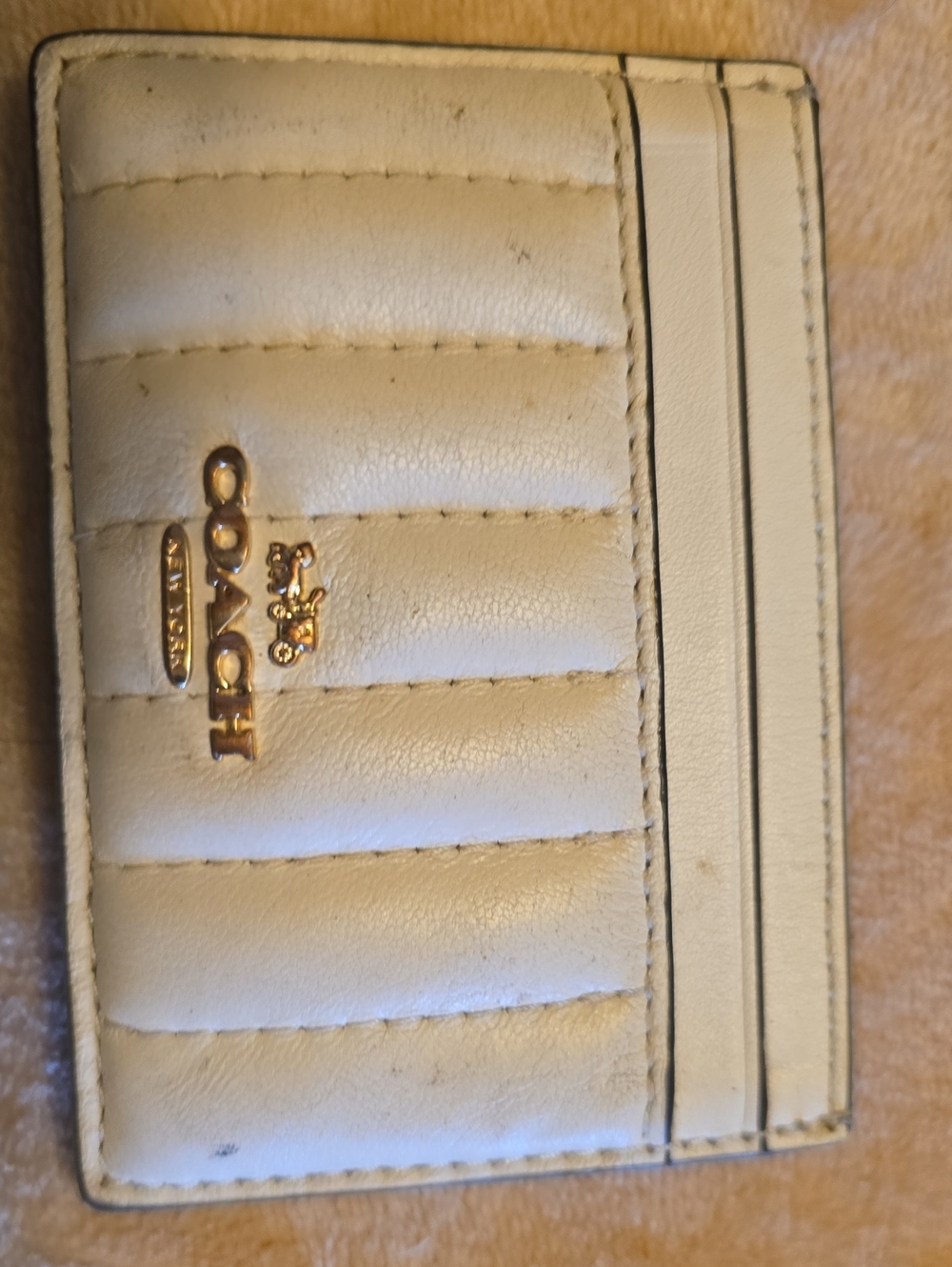 Coach Cream Quilted Leather Card Case with Gold Logo